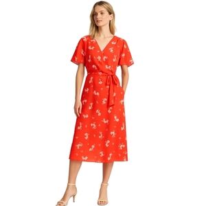 Lauren Ralph Lauren Red Orange Floral Wrap Flutter Sleeve Midi Dress Size 16